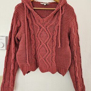 Davi & Dani Mauve Hooded Cropped Cable Knit Sweater